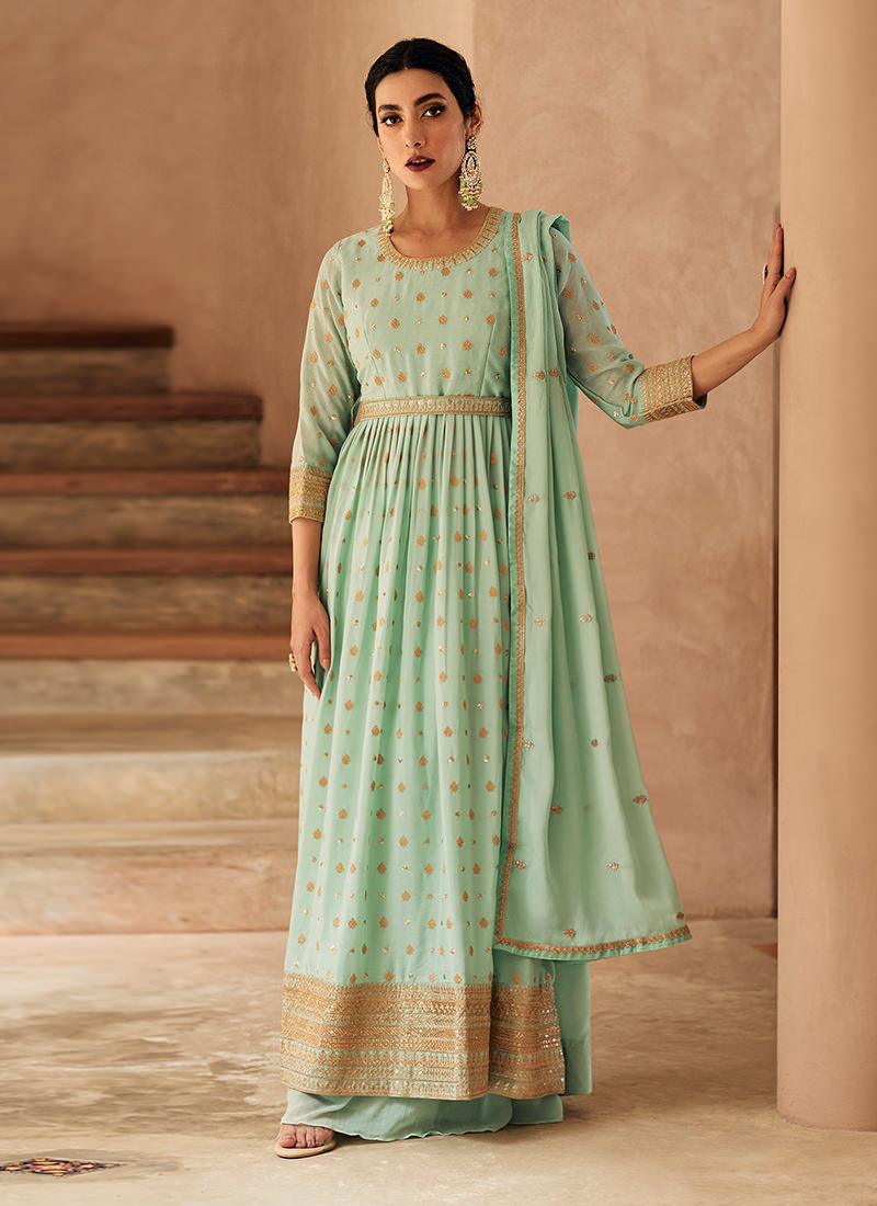 Sequins Work Georgette Sea Green Anarkali Suit Best Pices