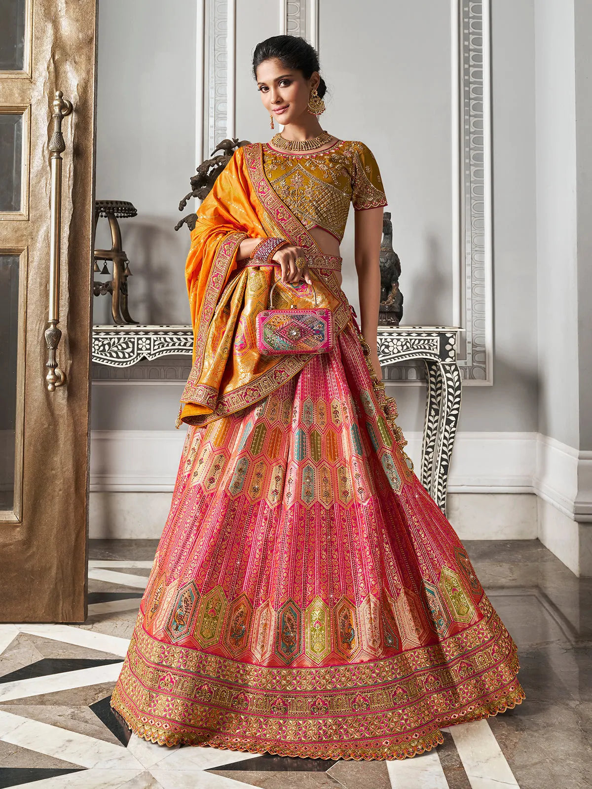 Divine Mustard-Pink Banarasi Silk Bridal Lehenga Choli Set Outlet Store For Sale