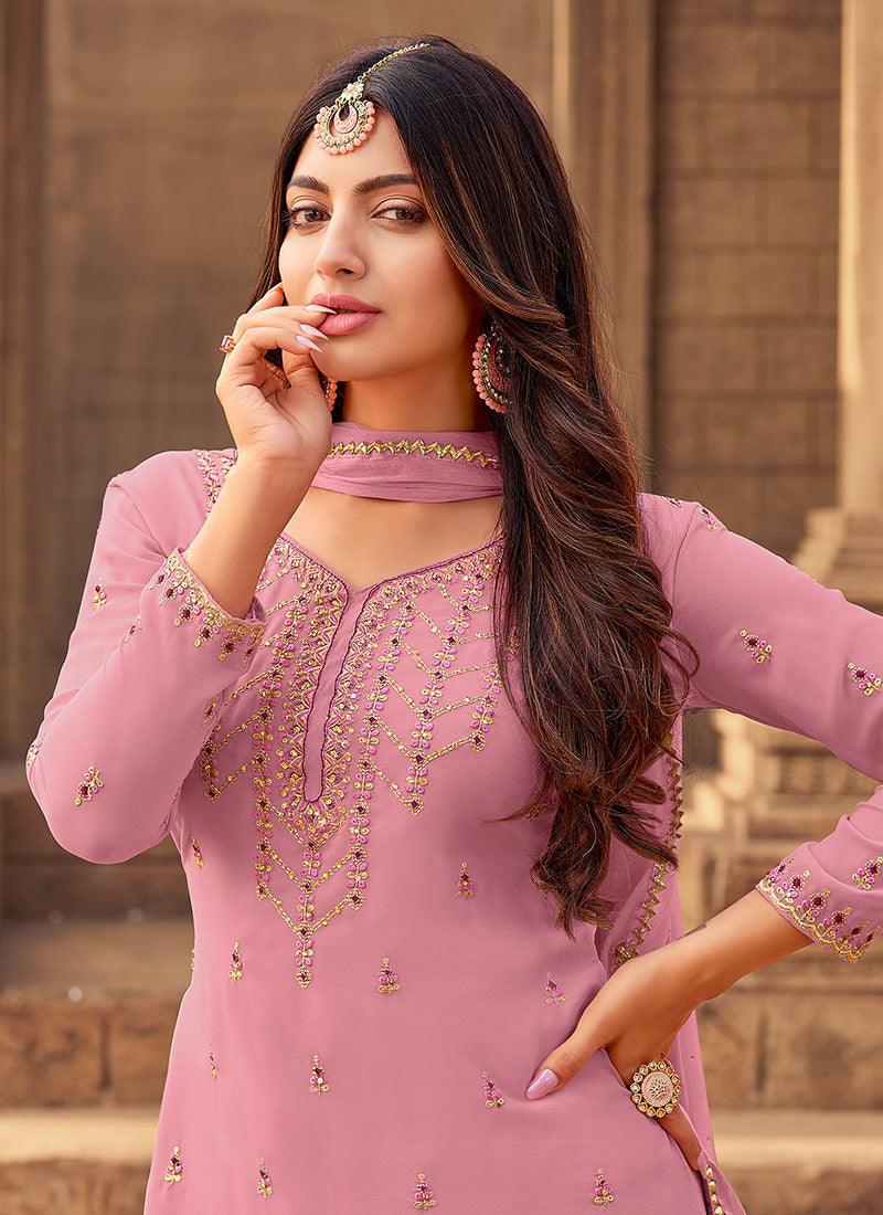 Pink Color Georgette Fabric Zari And Resham Work Sharara Suit Store Cheap Online