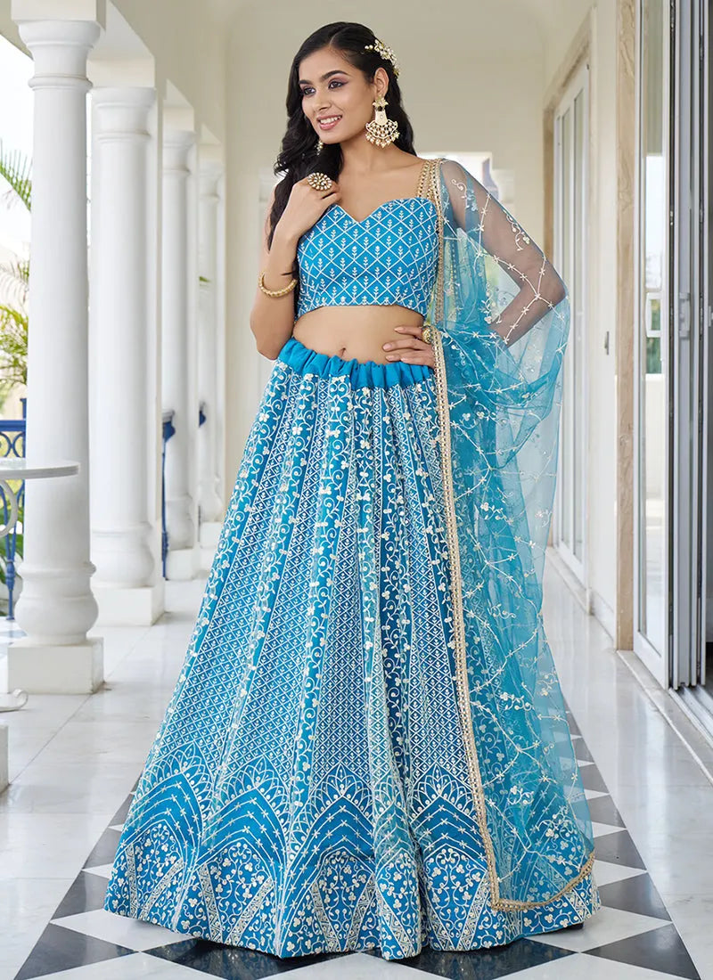 Breathtaking Sky Blue Embroidered Wedding Lehenga Choli Buy Cheap With Credit Card