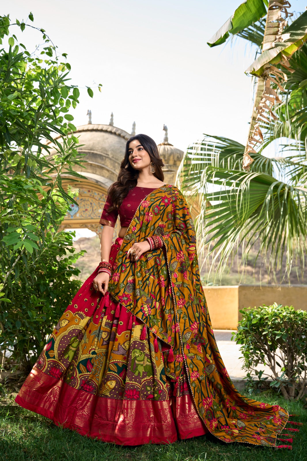 Impressive Tussar Silk Kalamkari Printed Lehenga Choli Set Outlet Official