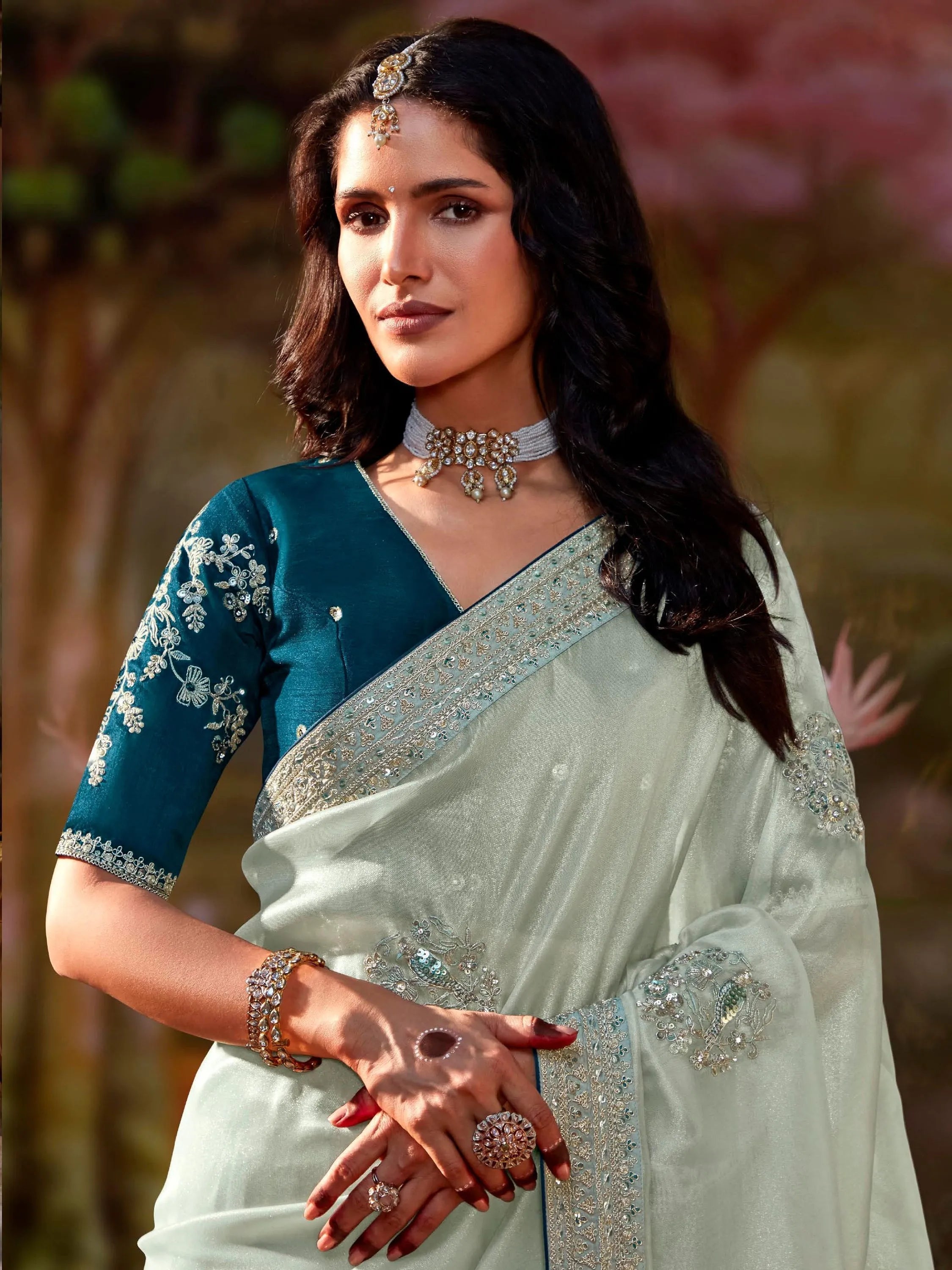 Powder Blue Pure Organza Sequins Embroidered Designer Saree Clearance Pre Order