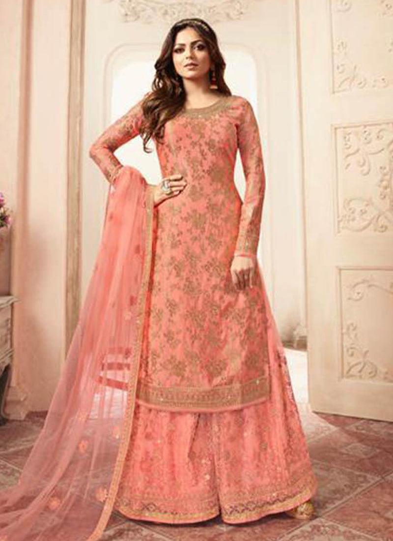 Fantastic Peach Jacquard Silk Base Embroidered Salwar Suit Largest Supplier