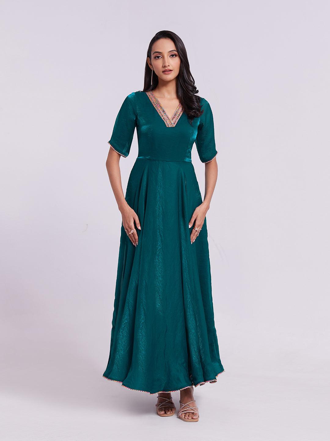 Teal organza Ready-to-wear A-line V-neck Gown Cheap Sale Release Dates