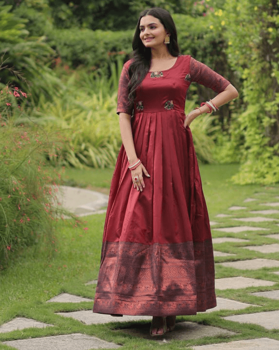 Maroon silk Printed Banarasi A-link Designer Gown Outlet Locations