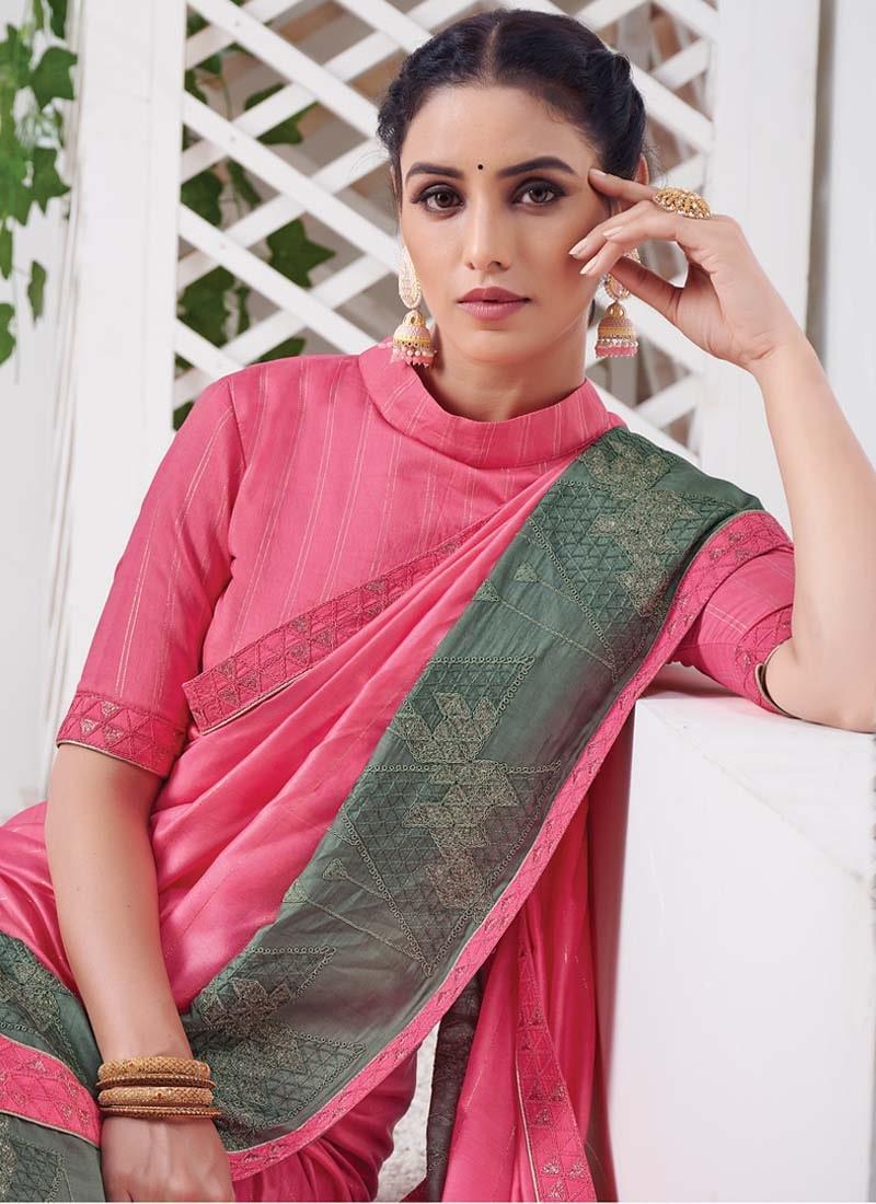 Astounding Look Silk Material Pink Color Resham Work Embroidered Saree Outlet For Nice