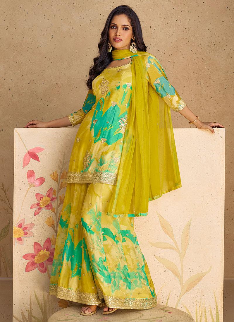 Yellow Green Chinon Silk Floral Festival Wear Top Palazzo Suit Free Shipping Sale Online