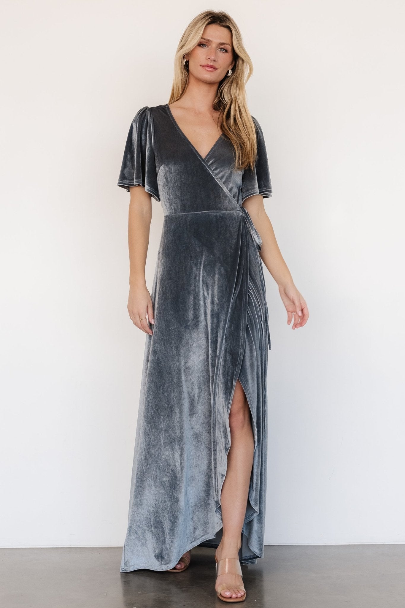 Katelyn Velvet Maxi Wrap Dress | Dusty Blue Largest Supplier