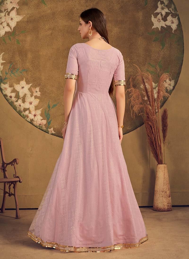 Dashing Look Half Sleeves Soft Net Fabric Dusty Pink Color Fancy Work Gown Cheap Pice Wholesale