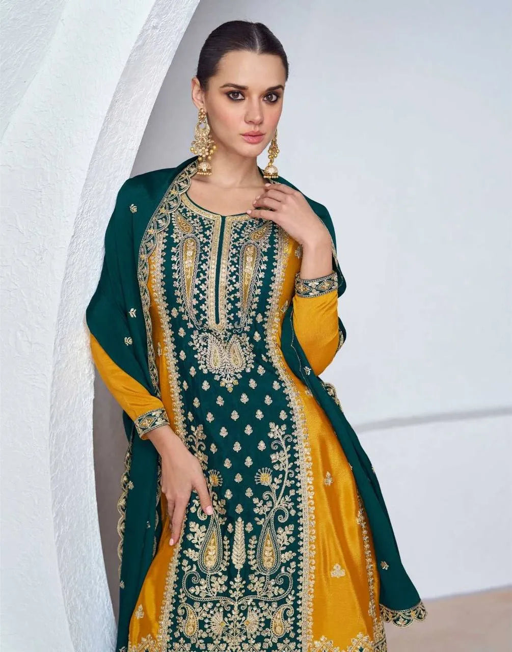 Glowing Yellow and Teal Blue Chinon Embroidered Sharara Suit Cheap Sale Online