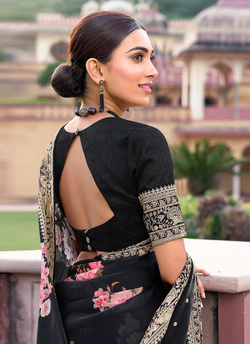 Embroidered Black Organza Floral Saree Official Cheap Online