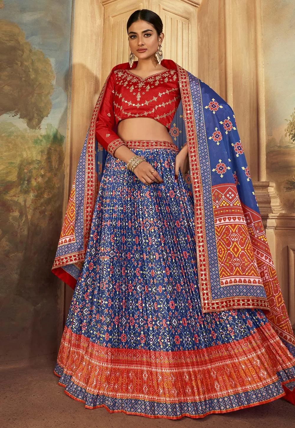 Exquisite Gaji Silk Navy-Red Patola Printed Lehenga Choli Limited Edition