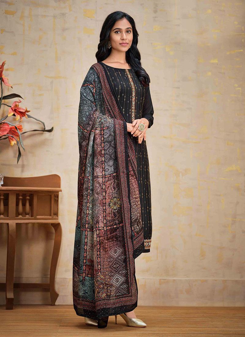 Black Color Chinnon Base Swarovski Work Salwar Suit With Matching Dupatta Cheapest Pice Sale Online