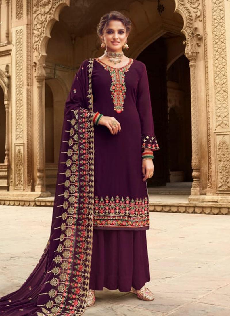 Attractive Wine Color Georgette Base Heavy Work Wedding Wear Palazzo Suit From China Cheap Pice