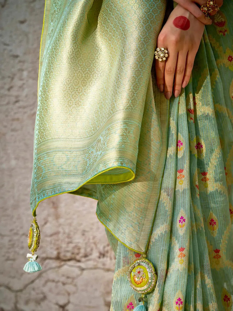 Fabulous Pista Green Banarasi Silk Saree Floral Embroidered Discount Amazon