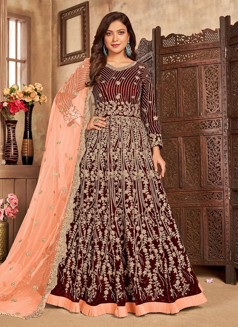 Maroon Color Velvet Fabric Gown With Net Dupatta Cheap Sale Online Online