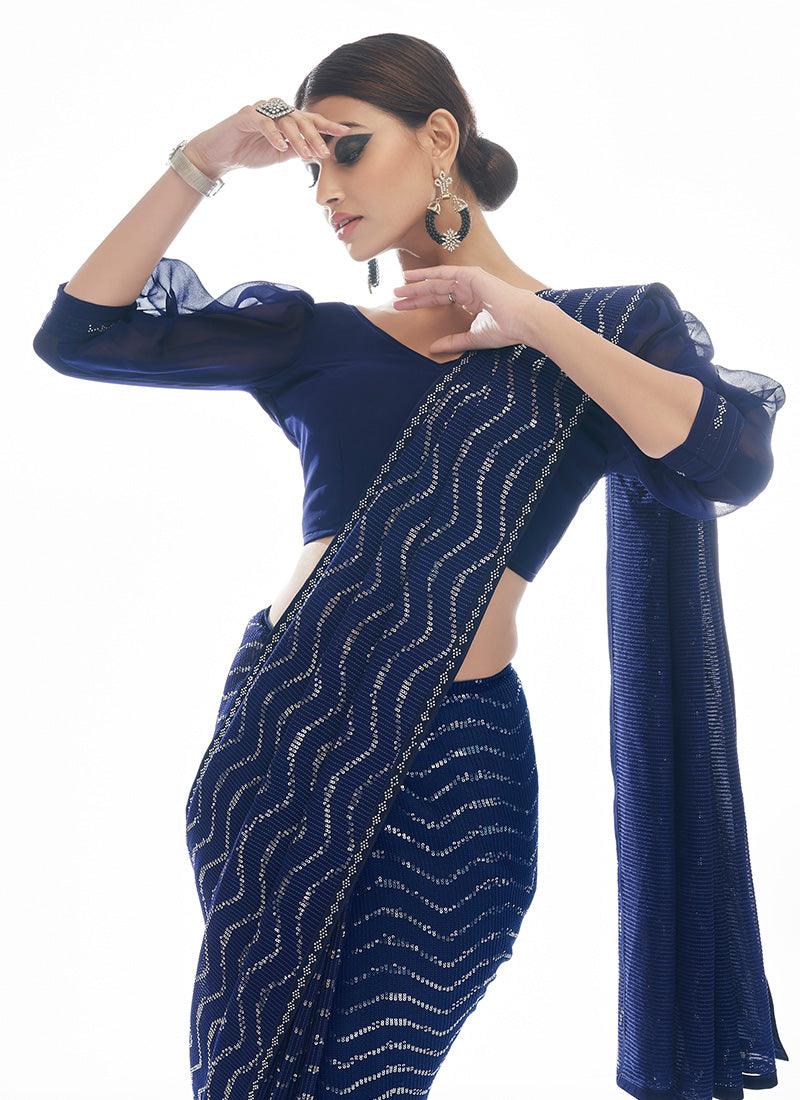 Georgette Base Navy Blue Party Wear Sequin Saree Buy Cheap Best