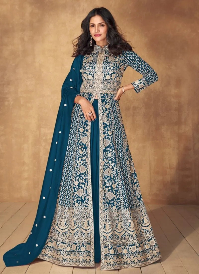 Beautifully Embroidered Silk Anarkali Gown in Dark Blue Shipping Outlet Store Online