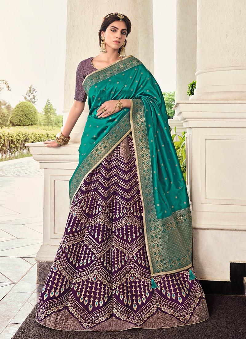 Digital Print Teal Color Silk Fabric Banarasi Lehenga With Contrast Dupatta With Paypal Online