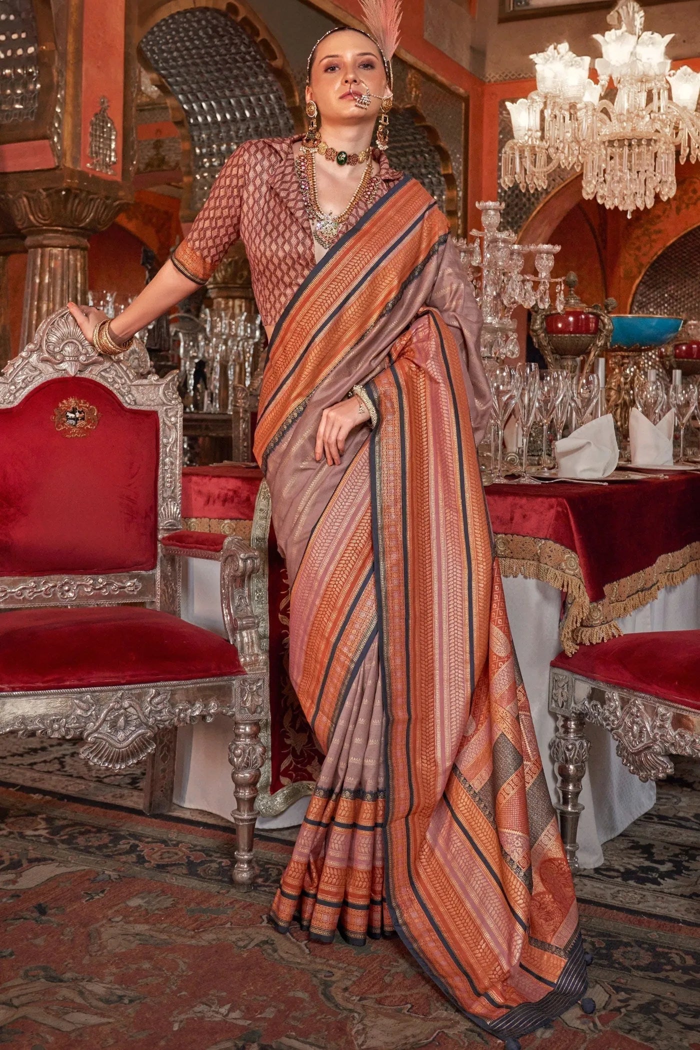 Outstanding Orange Kanjivaram and Patola Printed Silk Saree Big Discount Online