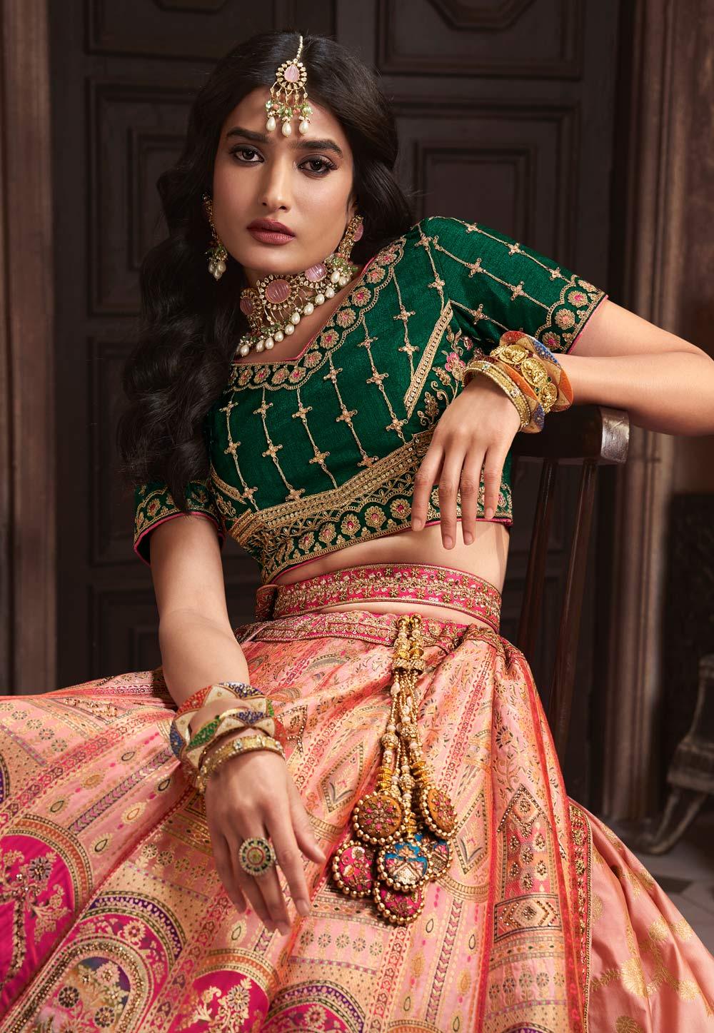 Peach Green Banarasi Silk Wedding Lehenga Choli Set Sale Online Online