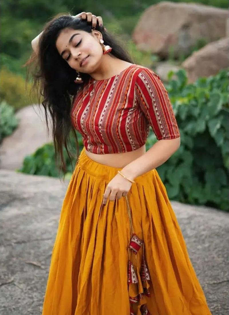 Mustard Yellow Color Cotton Material Flared Lehenga Best Sale For Sale