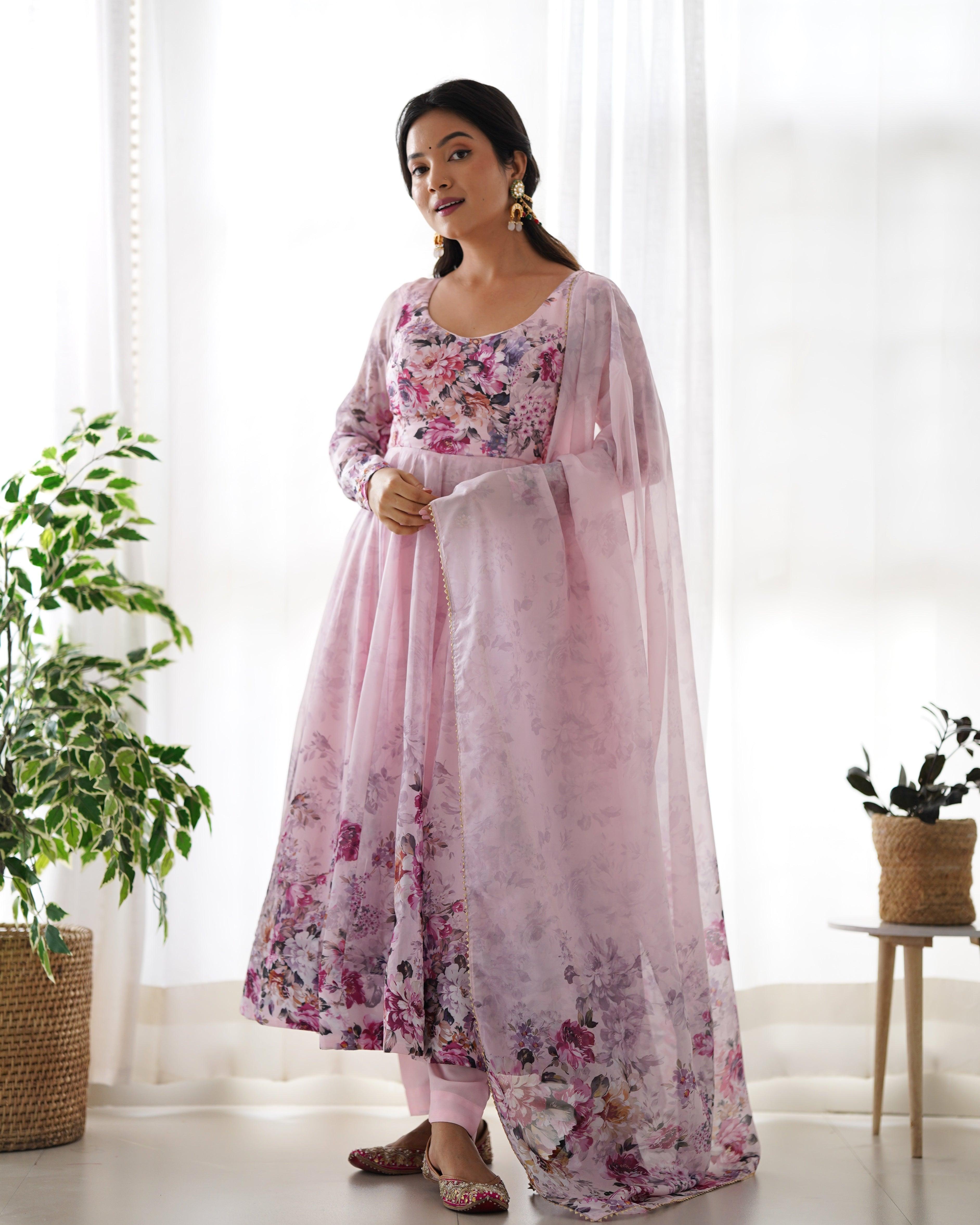 Pink Organza Printed Anarkali Suit With Dupatta Cheap Sale Buy