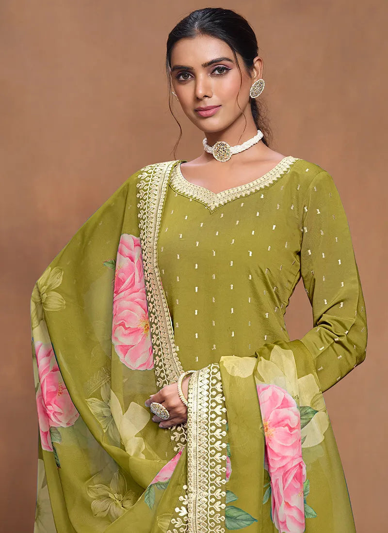 Designer Lime Green Embroidered Silk Sharara  Suit Free Shipping Pices