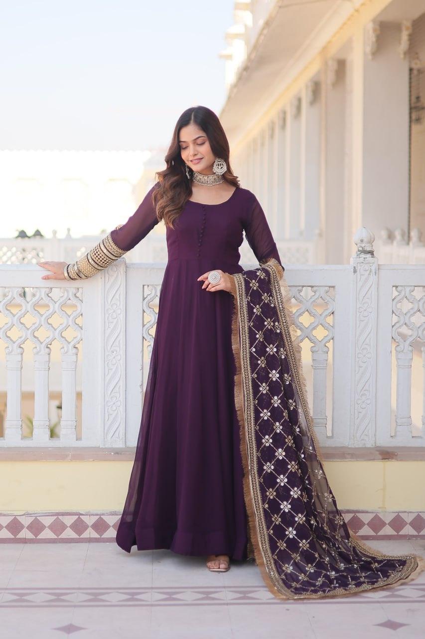 Charming Faux Georgette Sequins Embroidered Gown With Dupatta Online Online Clearance