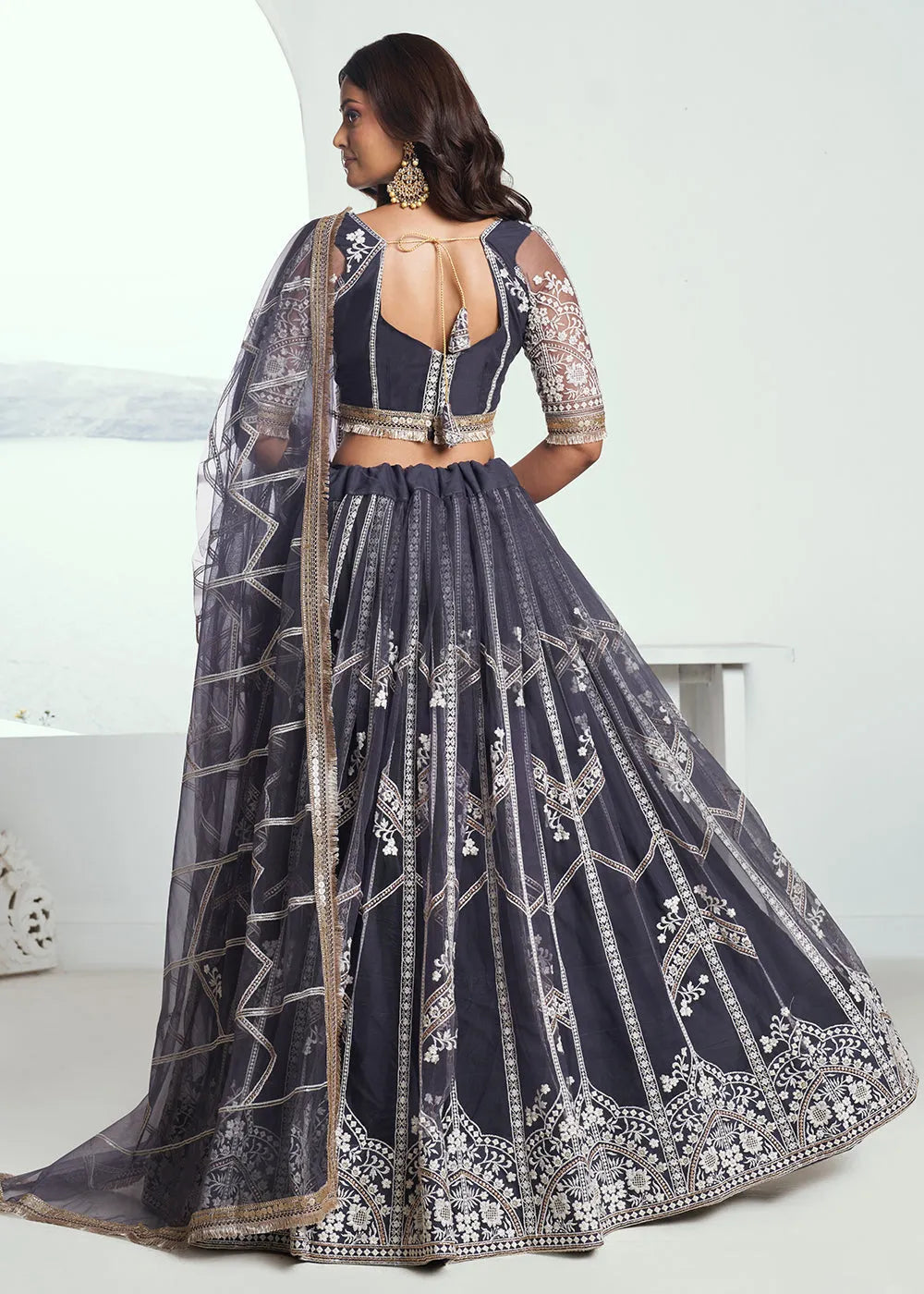 Heartwarming Dark Grey Embroidered Wedding  Lehenga Choli Excellent Sale Online