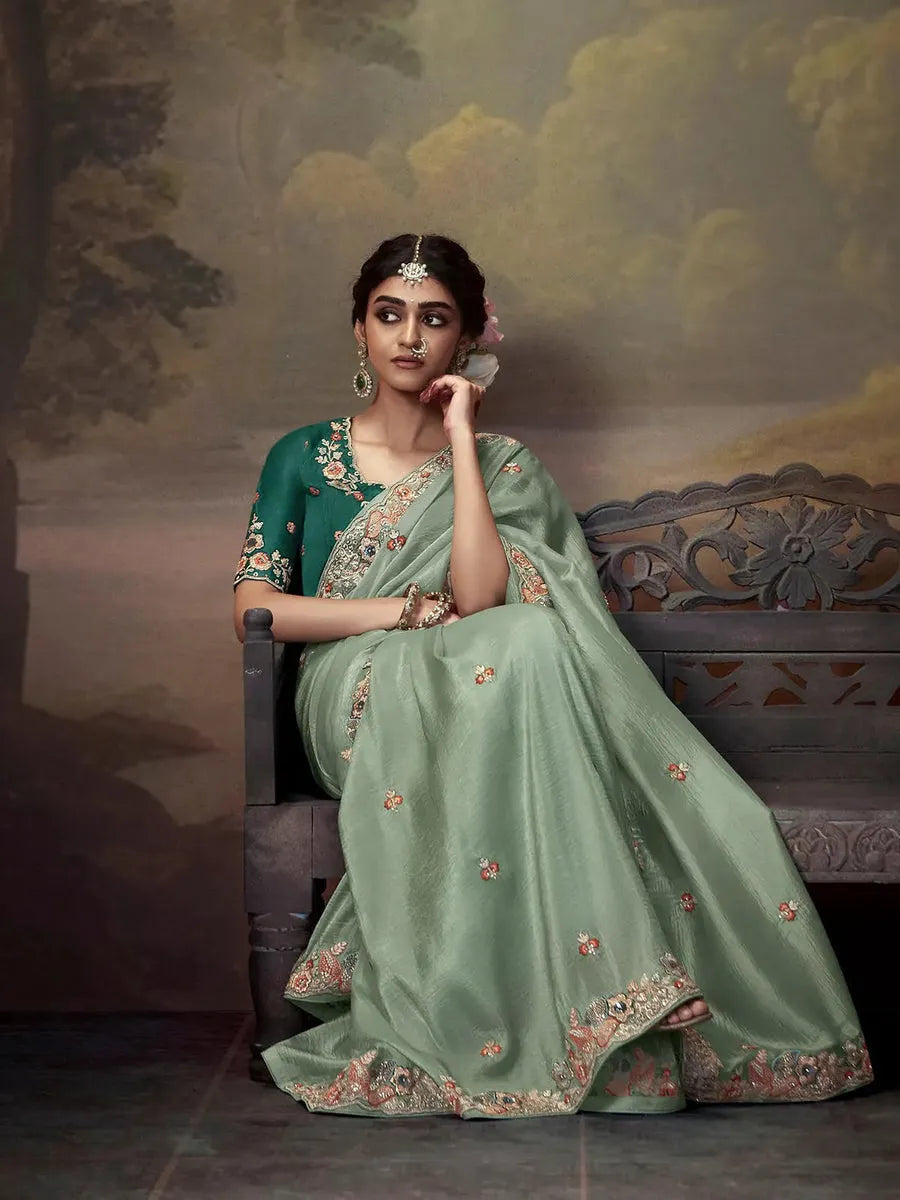 Elegant Light Green Embroidered Fancy Saree Wiki For Sale