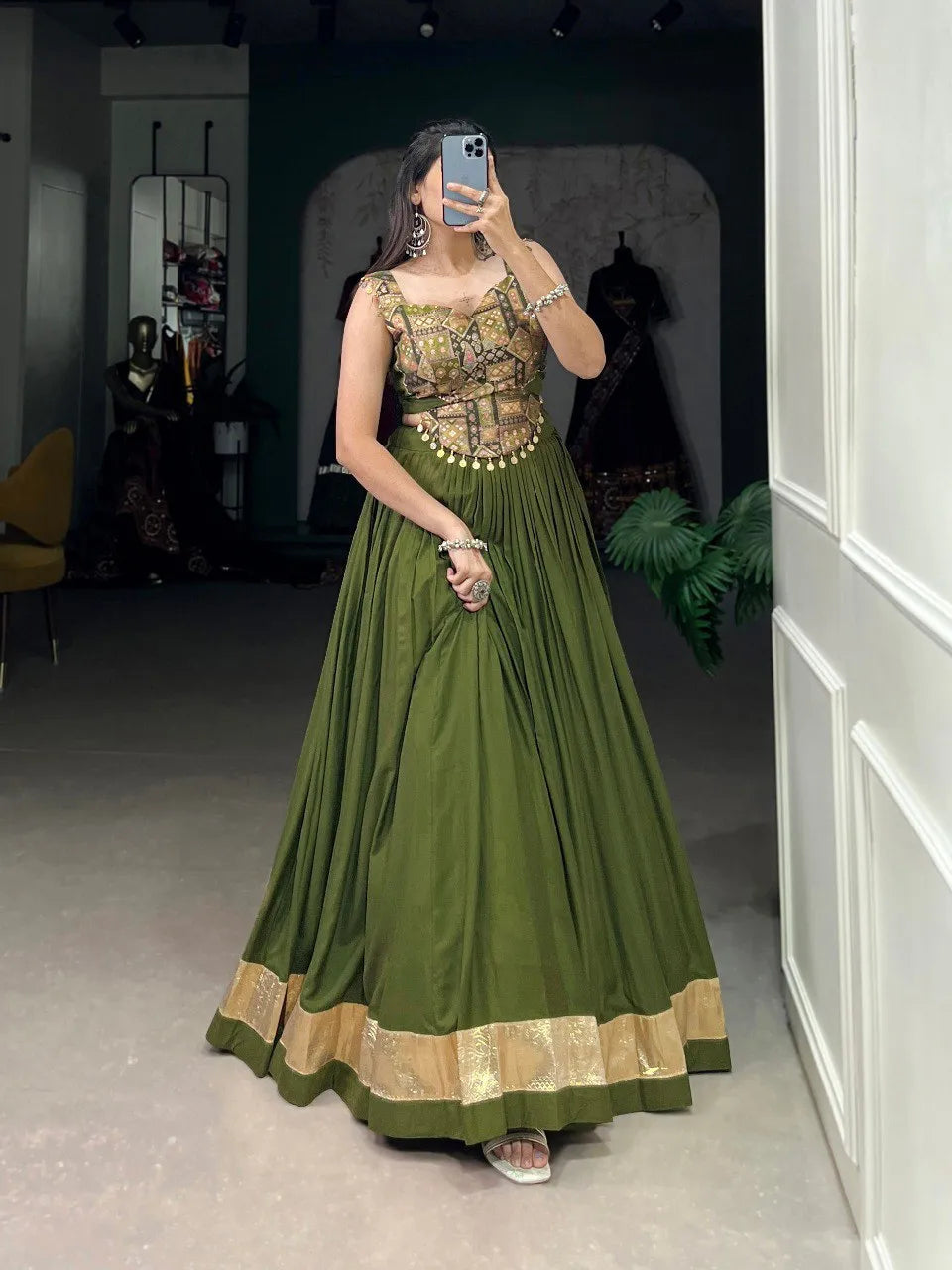 Navratri Vibe With this Mehndi Rayon Silk Lehenga Choli Pre Order