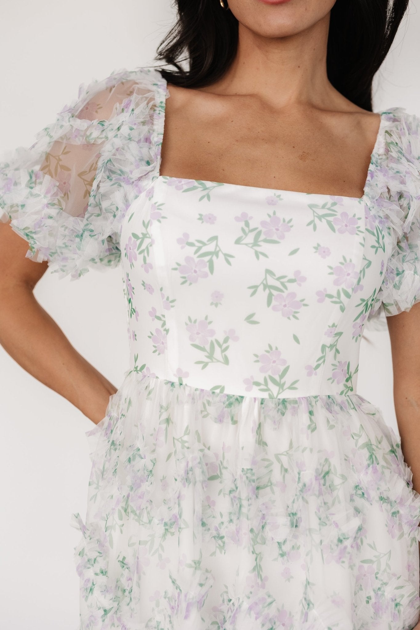 Kiera Ruffle Dress | Off White + Lavender Cheap Sale Newest