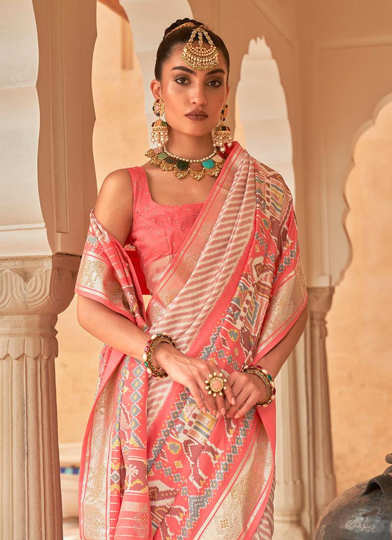 Pastel Peach Pure Silk Patola Saree Cheapest Online