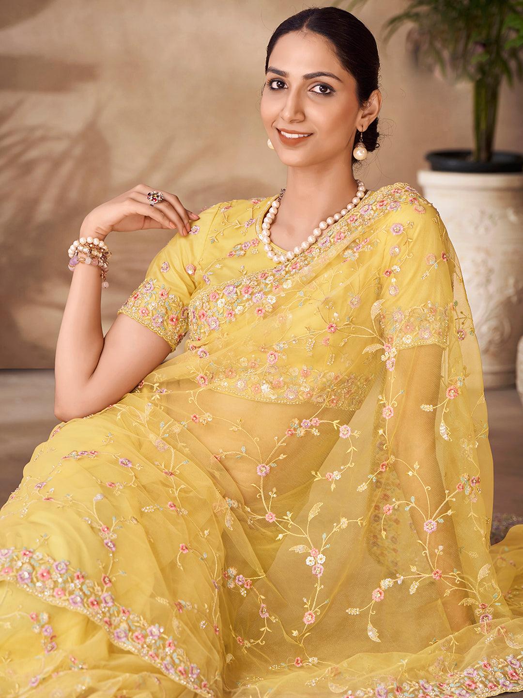 Yellow Net base embroidered and zarkan work saree With Credit Card Free Shipping