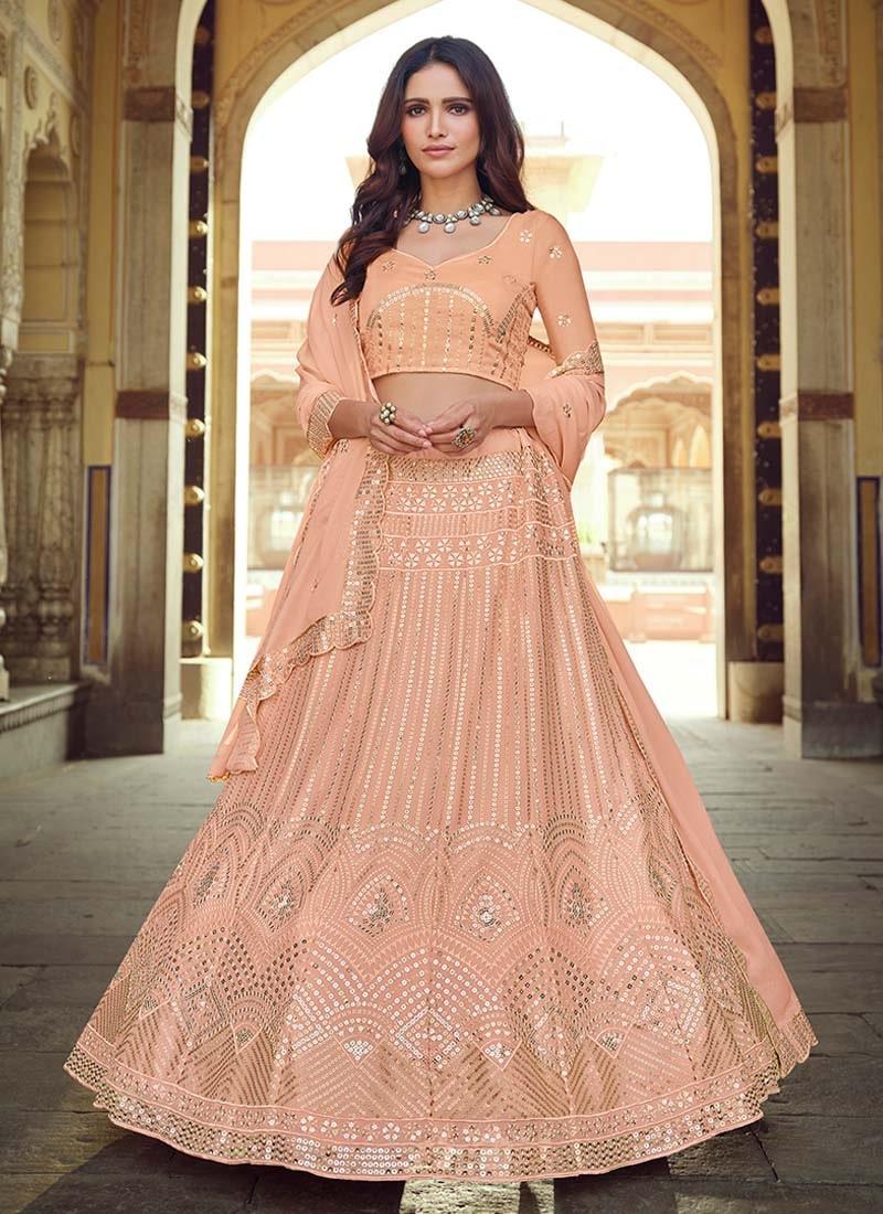 Sequins Work Georgette Fabric Peach Color Crop Top Lehenga Choli Find Great Cheap Online