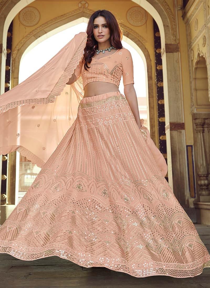 Sequins Work Georgette Fabric Peach Color Crop Top Lehenga Choli Find Great Cheap Online