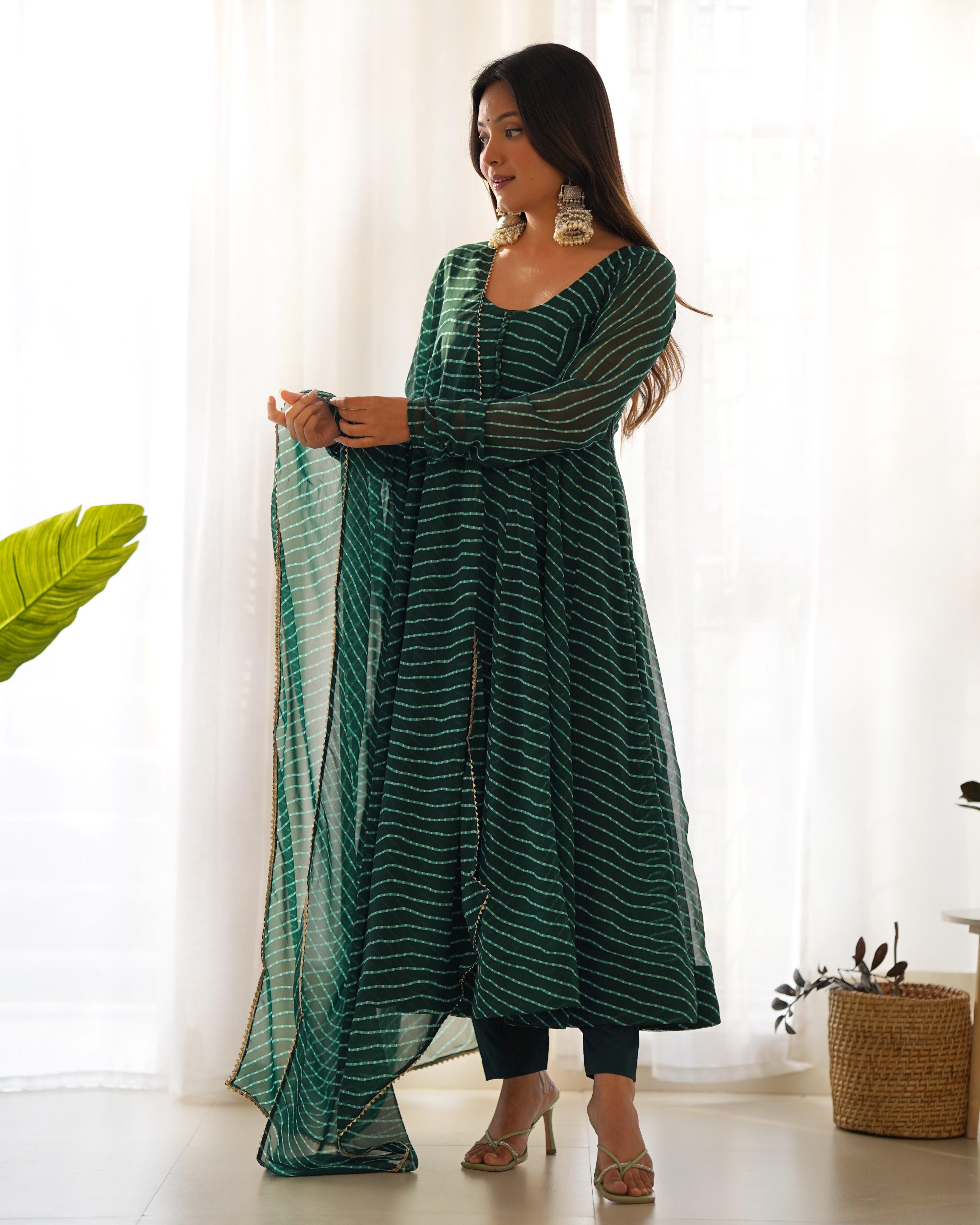 Green color georgette laheriya printed anarkali suit with dupatta Latest Collections Online