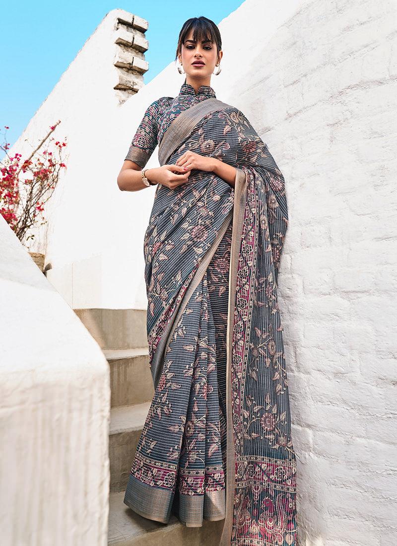 Linen Fabric Grey Printed Floral Saree Cheap Sale Eastbay