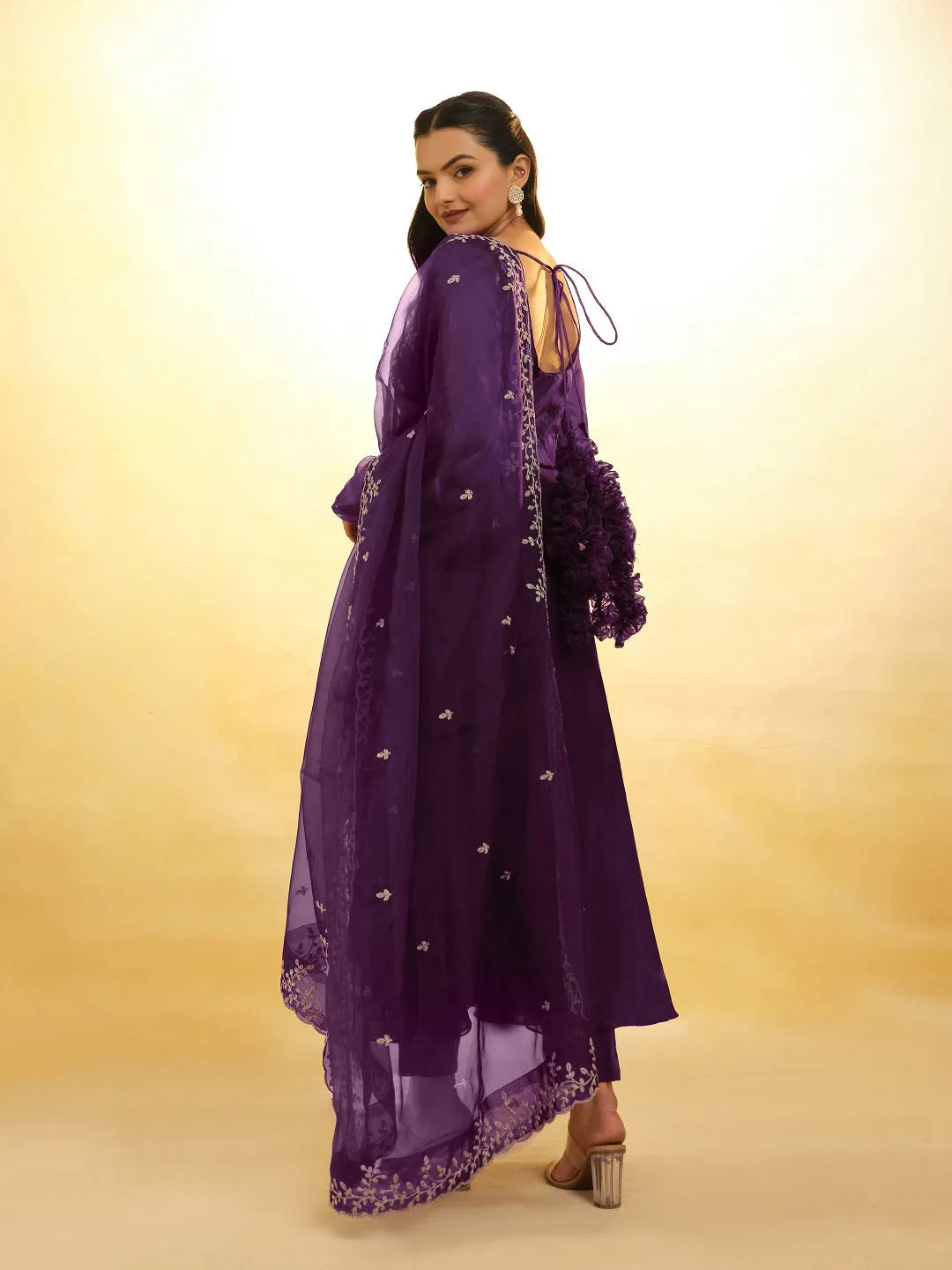 Gorgeous Wine Embroidered Organza Salwar Suit Free Shipping Fashion Style