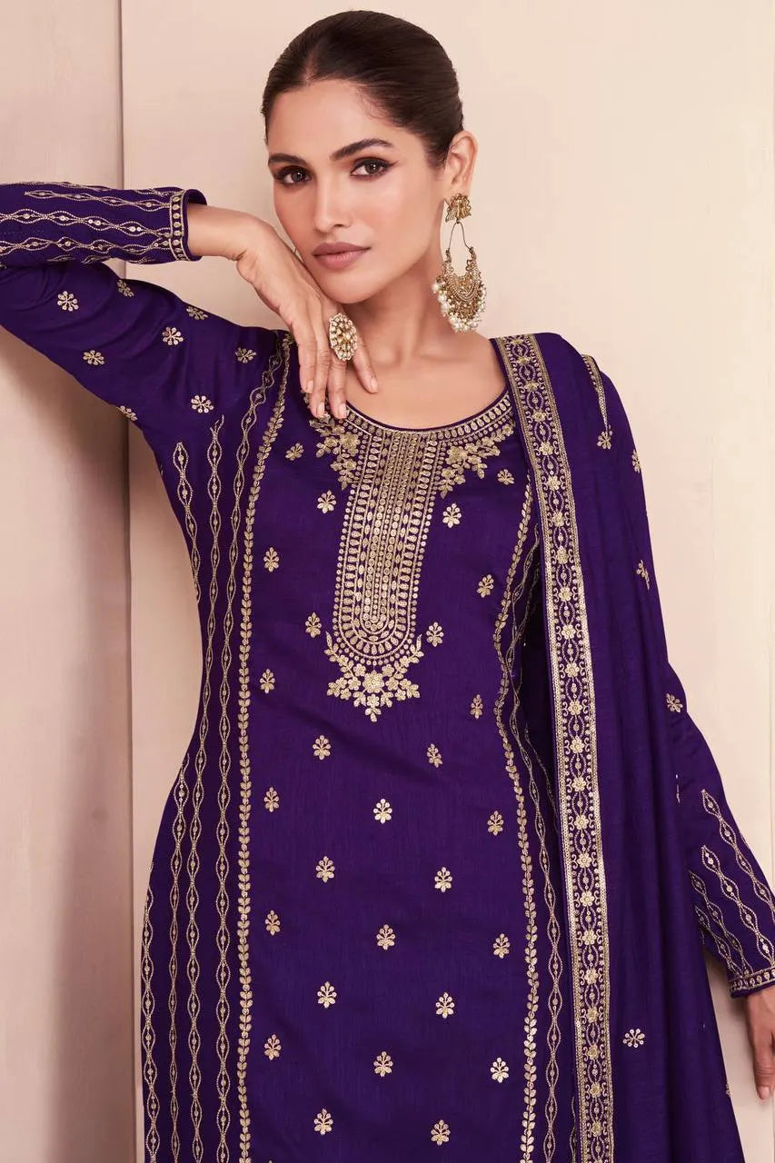 Pristine Purple Embroidered Vichitra Silk Palazzo Suit Buy Cheap For Cheap