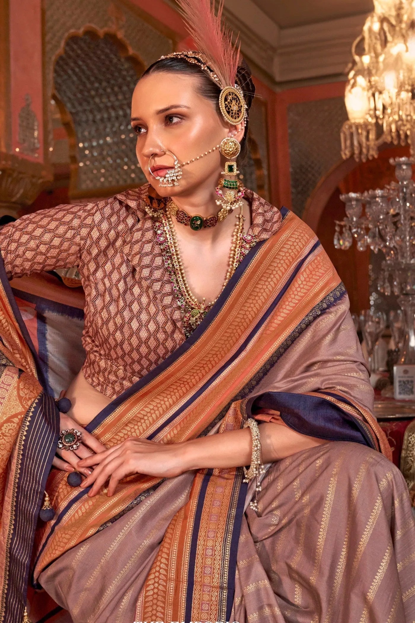 Dignified Dusty Brown Kanjivaram and Patola Printed Silk Saree Cheap Pice From China