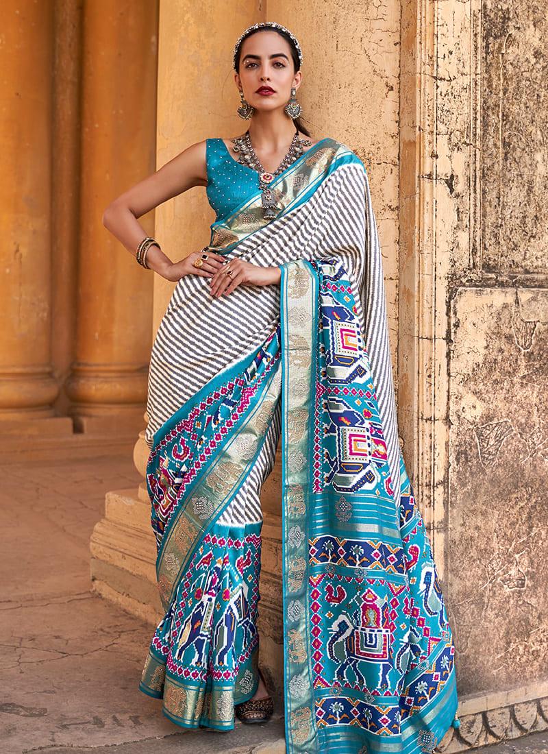 Silk Fabric Turquoise Color Patola Printed Saree With Matching Blouse Cheap Sale Purchase