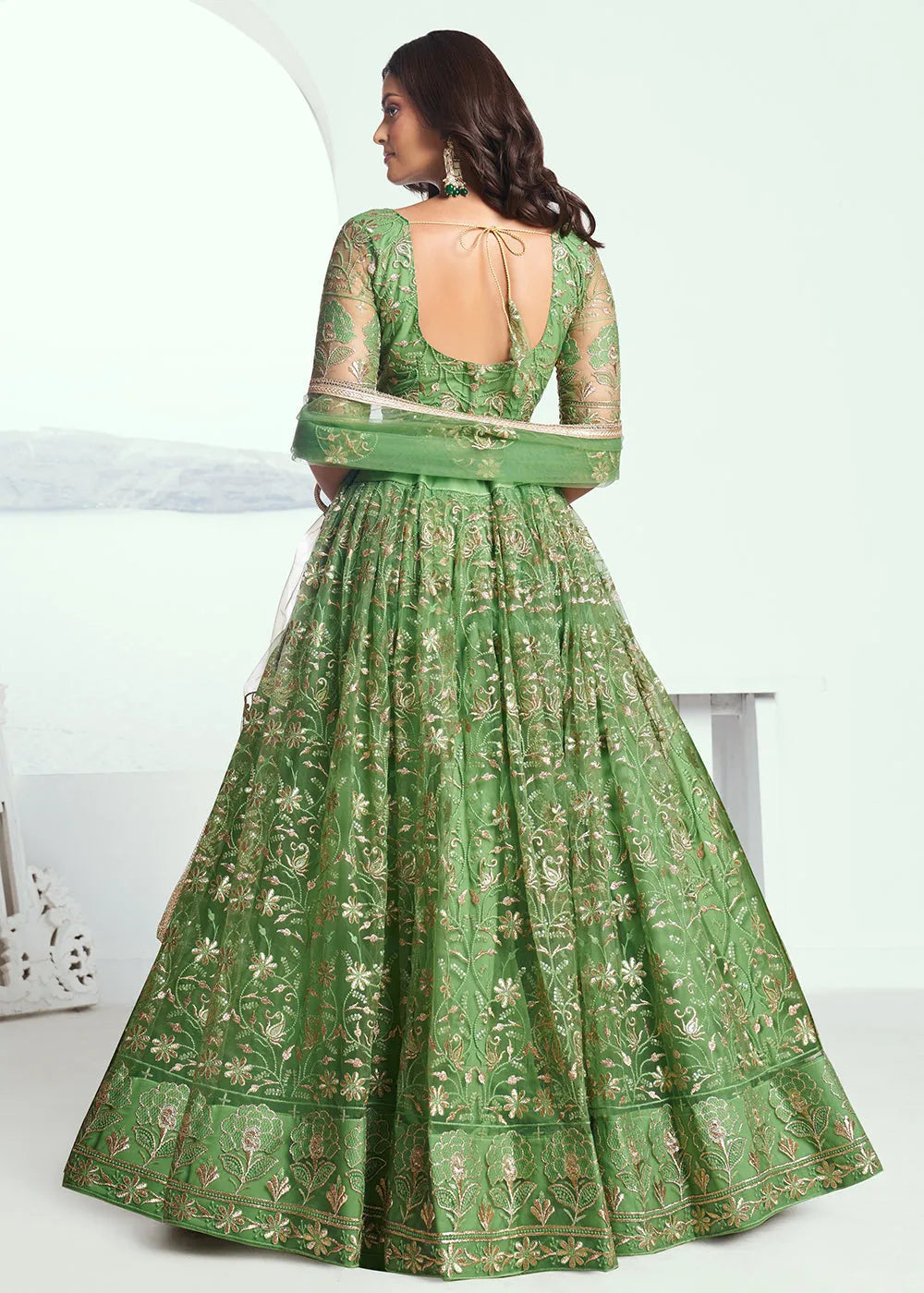 Superb Embroidered Net Pista Green Wedding Lehenga Choli Sale Cheapest Pice