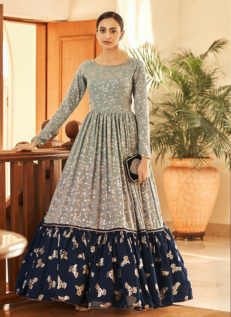 Grey Color Georgette Material Gown With Metallic Foil Work Sale Exclusive