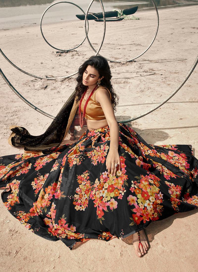 Classic Black Digital Floral Print Organza Lehenga Choli Set Buy Cheap 2025 Unisex