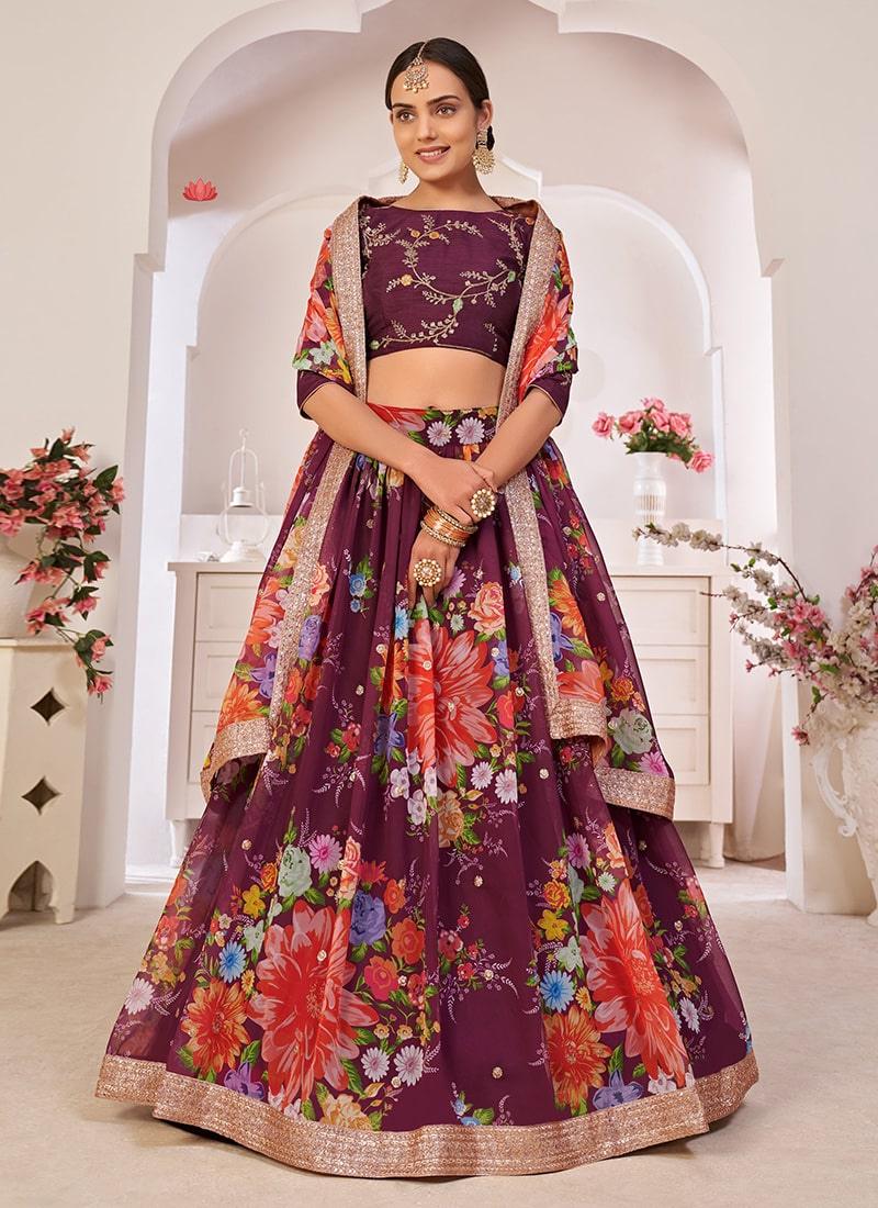 Wine Color Georgette Base Sequins Work Floral Print Lehenga Pictures For Sale