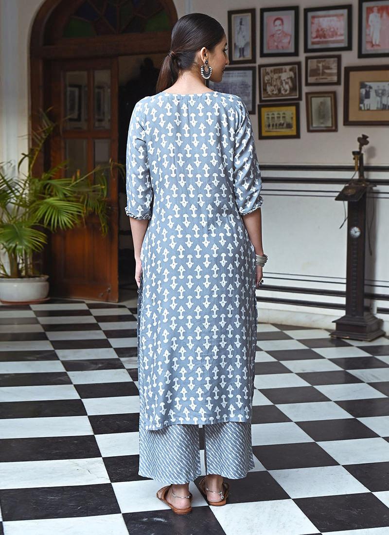 Printed Grey Long Kurti With Palazzo Cheap With Paypal