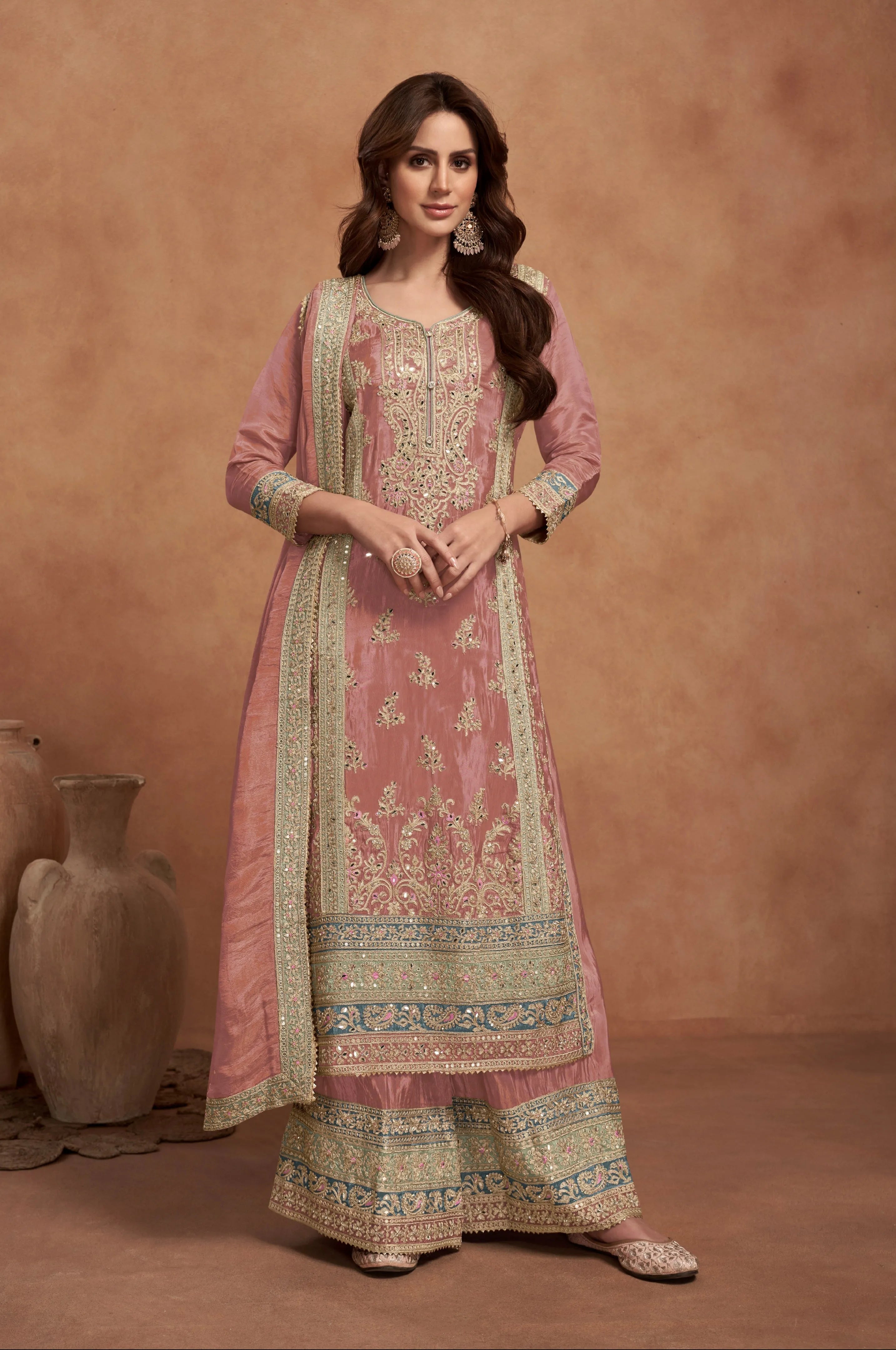 Dusty Pink Simar Silk Palazzo Suit with Golden Embroidery Cheap Online Store Manchester