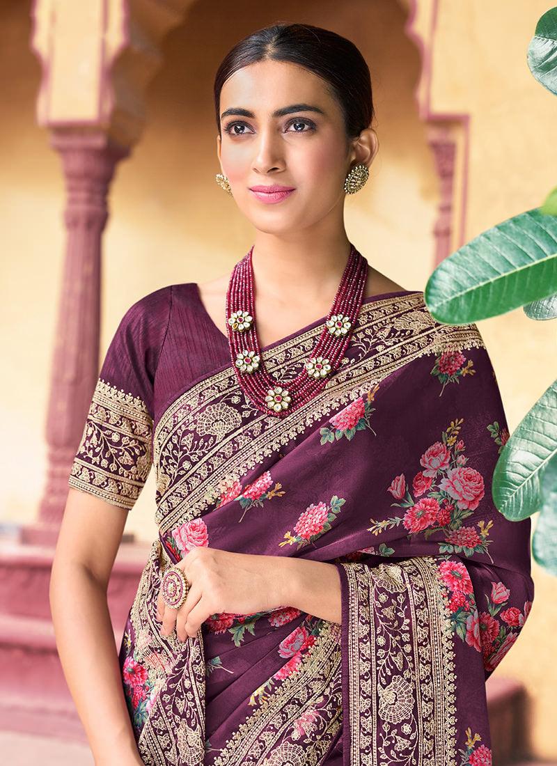 Embroidered Wine Organza Floral Saree Footlocker For Sale